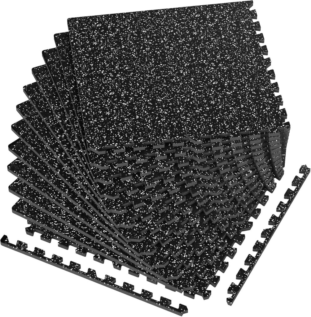 1/2in Thick 48 Sq Ft Rubber Top High Density EVA Foam Exercise Gym Mats Non-Slip 12 Pcs – Interlocking Puzzle Floor Tiles for Home Gym Heavy Workout Equipment Flooring – 24 x 24in Tile, Black & White