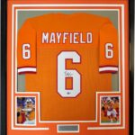 Framed Autographed/Signed Baker Mayfield 35×39 Tampa Bay Orange Creamsicle Retro Throwback Football Jersey Beckett BAS COA