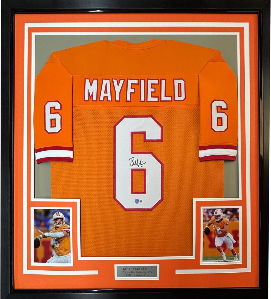 Framed Autographed/Signed Baker Mayfield 35×39 Tampa Bay Orange Creamsicle Retro Throwback Football Jersey Beckett BAS COA
