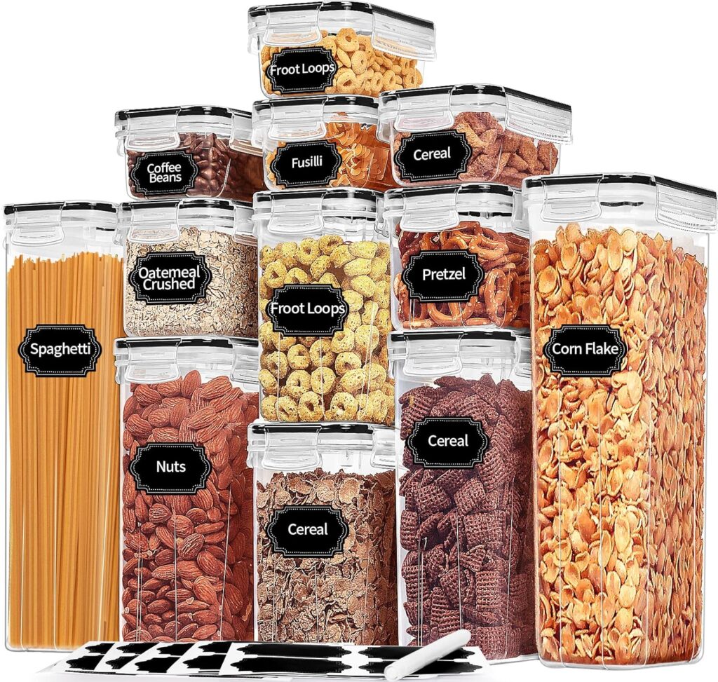 PRAKI Airtight Food Storage Containers with Lids, 12PCS Plastic Kitchen Storage Containers for Pantry Organizers and Storage – Cereal, Rice, Flour and Sugar Containers with Labels & Marker