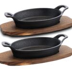 Bruntmor Mini Cast Iron Sizzler Plates Skillet Set Of 4. Oval Fajita Plate With Wooden Base/Pan Tray Serving Sizzling Dish And Fajitas, Hot Steak Skillet Dish Without Sinking (2 Sets)