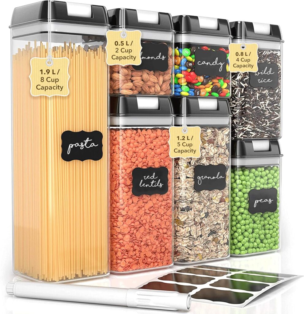 Simply Gourmet Airtight Food Storage Containers with Lids – 7 Piece Assorted Size Kitchen Pantry Organization Set, BPA-Free Clear Plastic, Stackable Containers for Cereal, Flour, Sugar, Rice, Snacks