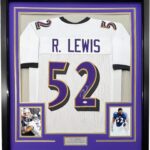 Framed Autographed/Signed Ray Lewis 33×42 Baltimore White Football Jersey JSA COA