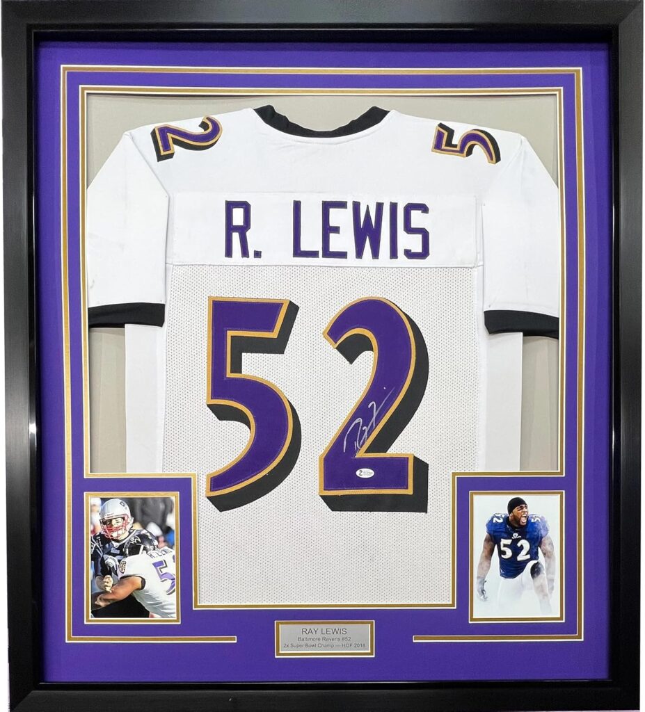 Framed Autographed/Signed Ray Lewis 33×42 Baltimore White Football Jersey JSA COA