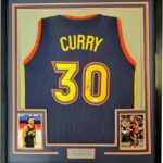 Framed Autographed/Signed Stephen Steph Curry 35×39 Golden State Navy Blue Throwback Basketball Jersey JSA COA