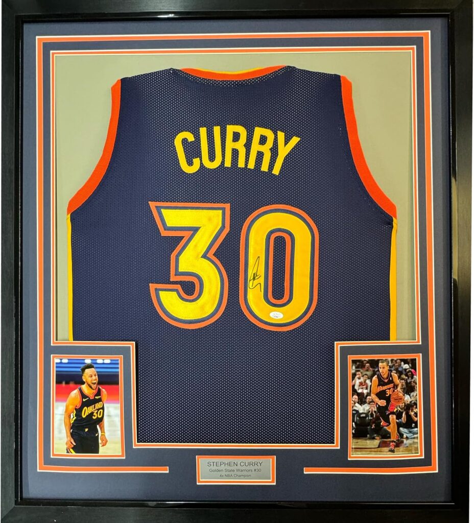 Framed Autographed/Signed Stephen Steph Curry 35×39 Golden State Navy Blue Throwback Basketball Jersey JSA COA