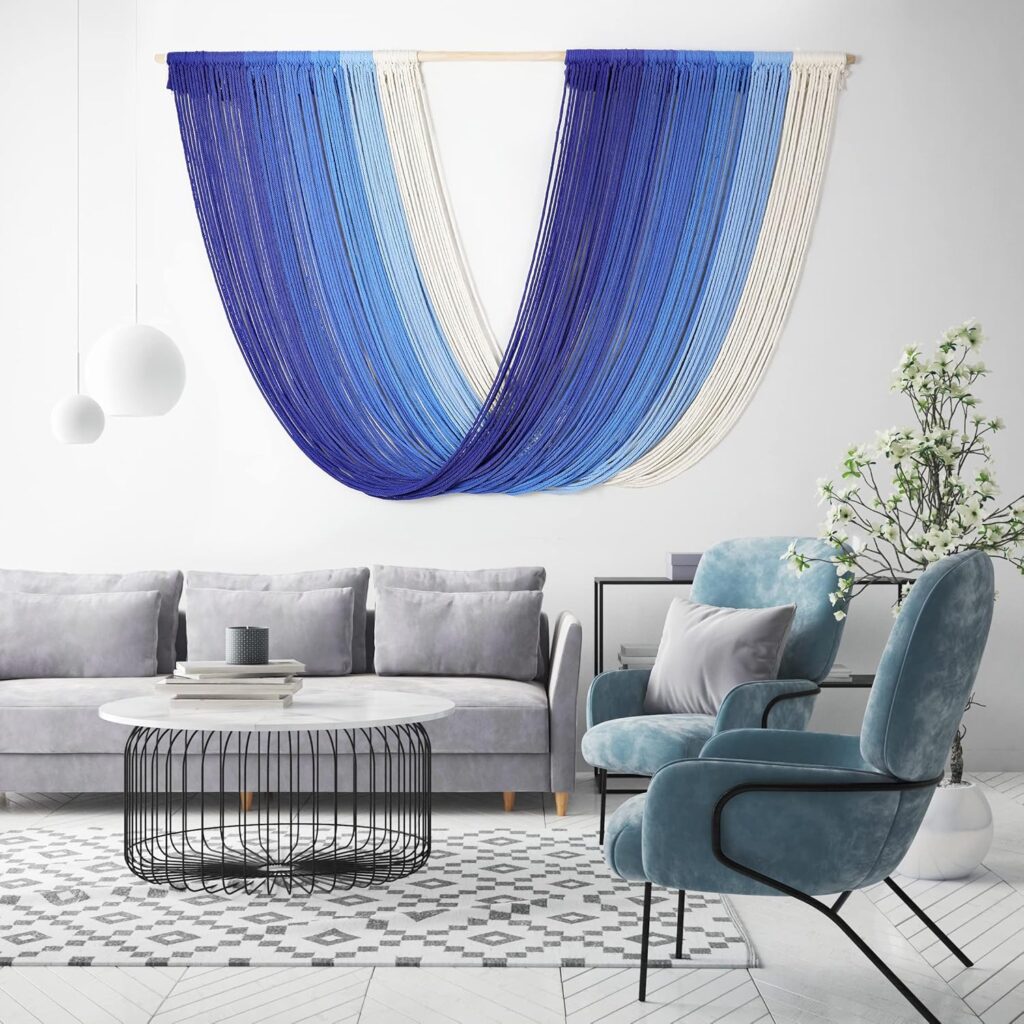 EISKBC Macrame Wall Hanging Nature Cotton, Large Macrame Tapestry Wall Decor, Woven Yarn Tassel Tapestry Wall Art, Bohemian Style Home Decor For Living Room And Bedroom 58”L*33”H(Blue)