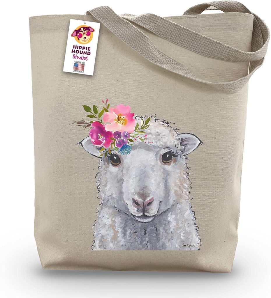 Sheep Tote Bag – Gifts For Mom – Sheep Lover Gift – Sheep Gifts For Women -Handmade Totes – Hippie Hound Studios Canvas Totes – Cute Sheep Reusable Shopping Bag – Grocery Bag – Handbag – Beach Bag