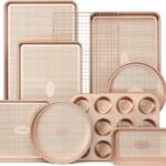 HONGBAKE 9-Piece Baking Pans Set Nonstick, Stackable Non Toxic Bakeware Sets with Diamond Texture, Oven Pan Set for Cooking, Includes Cookie Sheet with Rack, Cake Pan, Roasting Pan, Muffin Tin, Gold