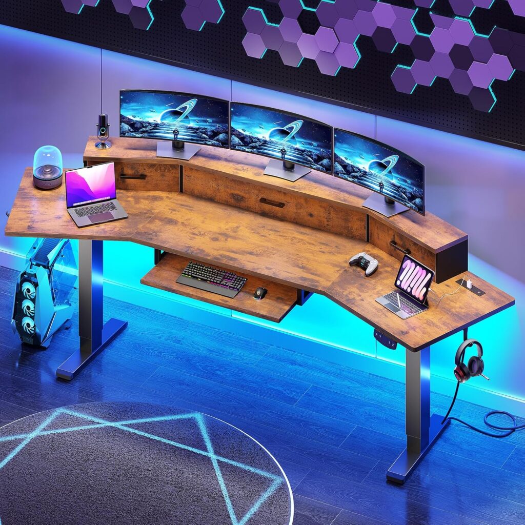 SEDETA 78” Electric Standing Gaming Desk with Drawers and Led Lights, Height Adjustable Computer Desk with Power Outlet, Keyboard Tray for Home Office, Stand up Gaming Table, Rustic Brown
