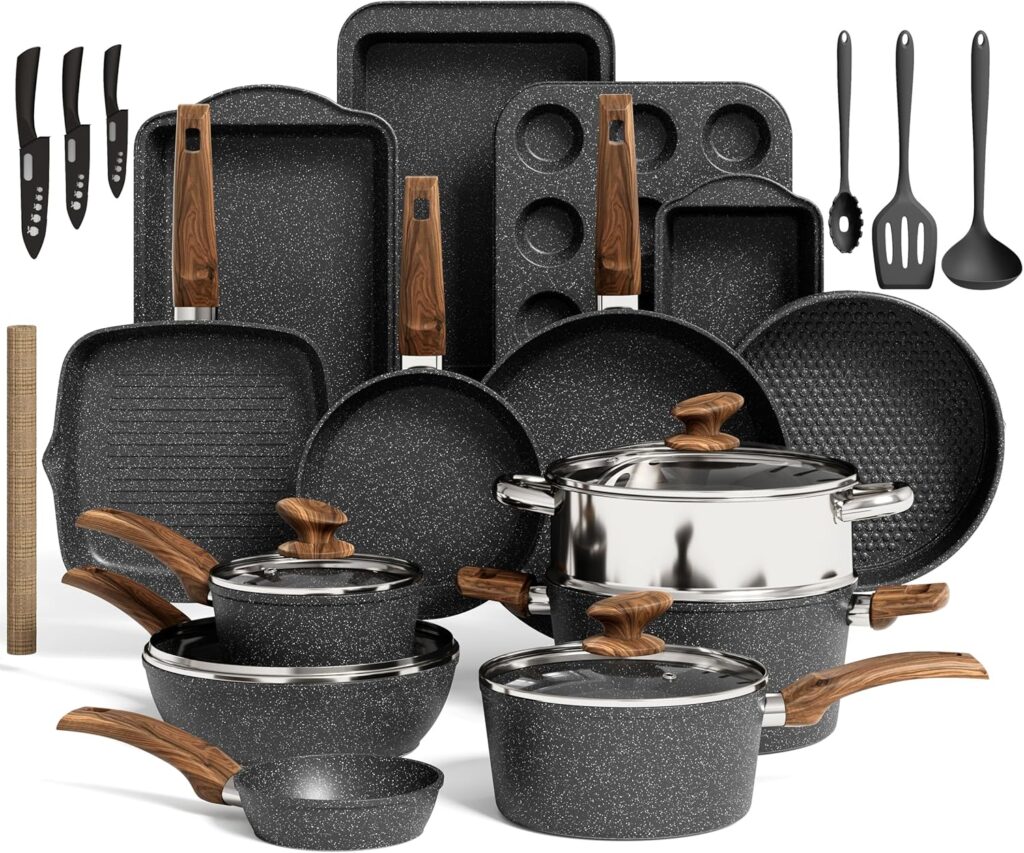Kitchen Induction Cookware & Bakeware Set – 30 Piece Black Granite Cooking Pans Set, Non-Stick Pots and Pans Set