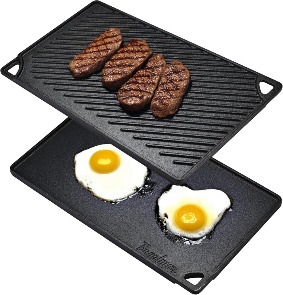 Bruntmor 2-in-1 Reversible Grill Plate – Pre-Seasoned Cast Iron Griddle Pan for Gas Stovetop, Oven, or Open Fire – 17×10-Inch Rectangular Double Sided Flat Pan for Camping, Roasting, and Grilling