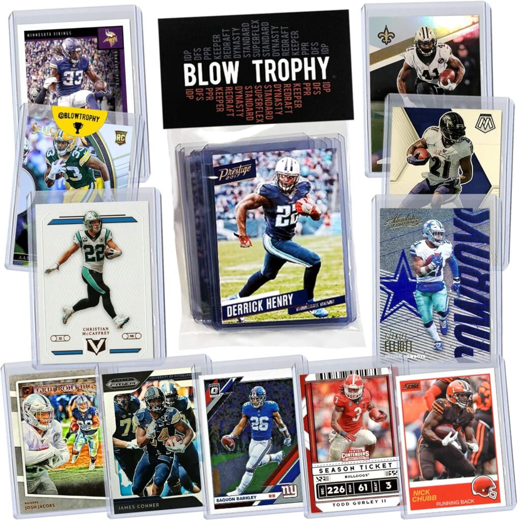 NFL Running Back Football Card Bundle, Assorted Set of 12 Mint Star RB Football Cards Gift Set, Includes one Relic, Serial, or Rookie, Protected by Sleeve and Toploader with Fantasy Football eBook