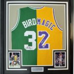 Framed Autographed/Signed Larry Bird & Magic Johnson 35×39 Dual Basketball Jersey JSA COA