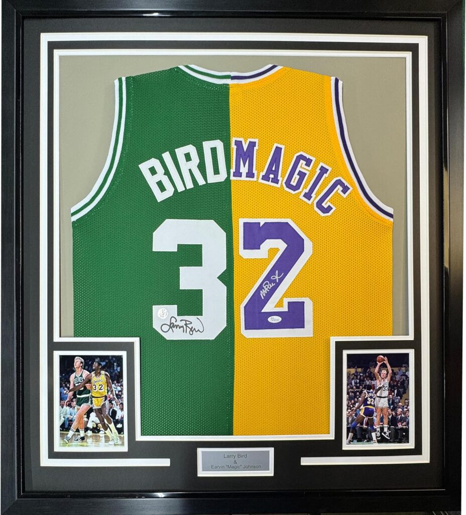 Framed Autographed/Signed Larry Bird & Magic Johnson 35×39 Dual Basketball Jersey JSA COA