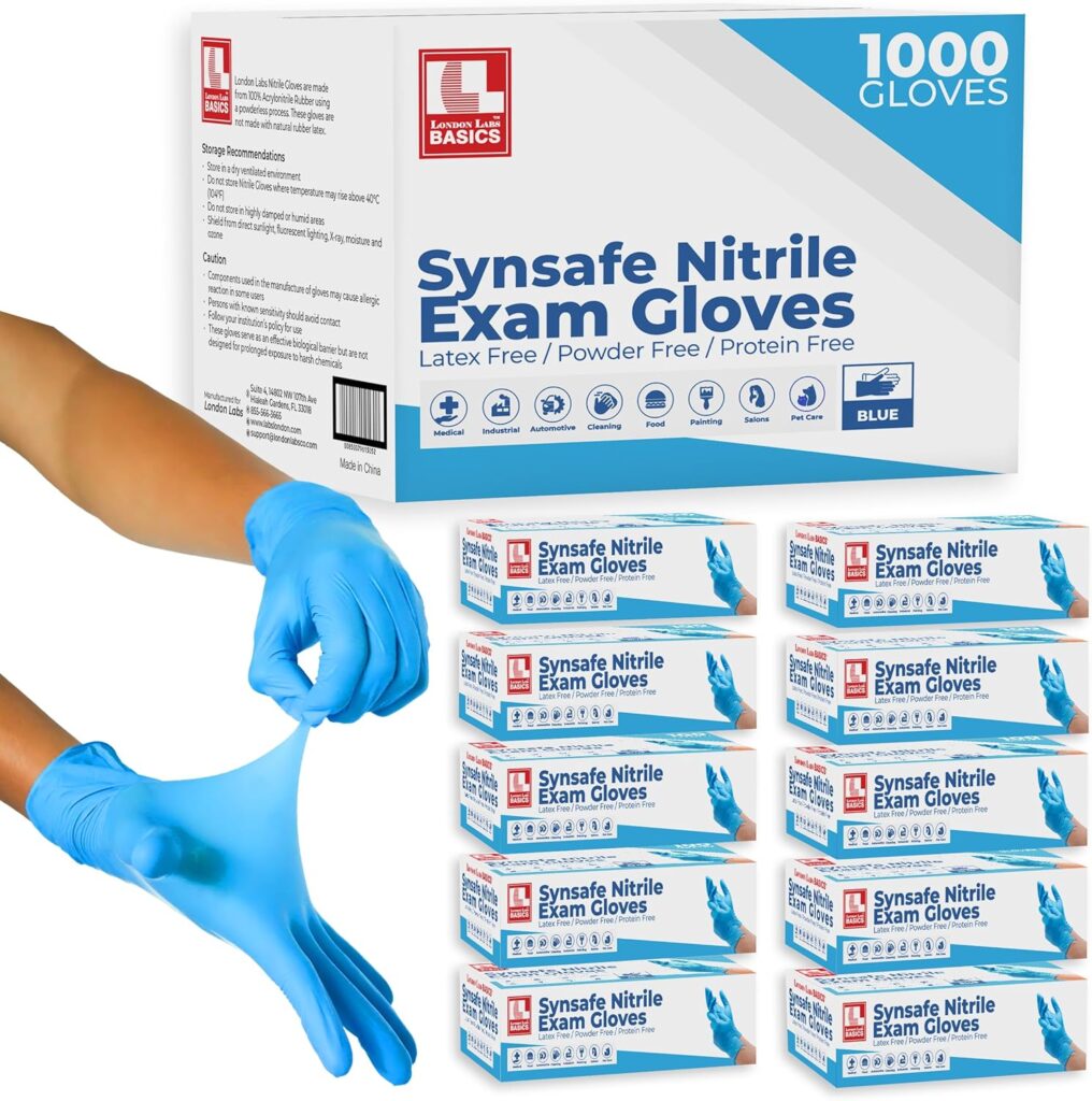 Synsafe 4 Mil – Blue Nitrile Exam Gloves –Disposable Latex Free & Powder Free – Extra Strong, Rubber Gloves