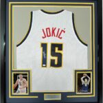Framed Autographed/Signed Nikola Jokic 33×42 Denver White Basketball Jersey JSA COA