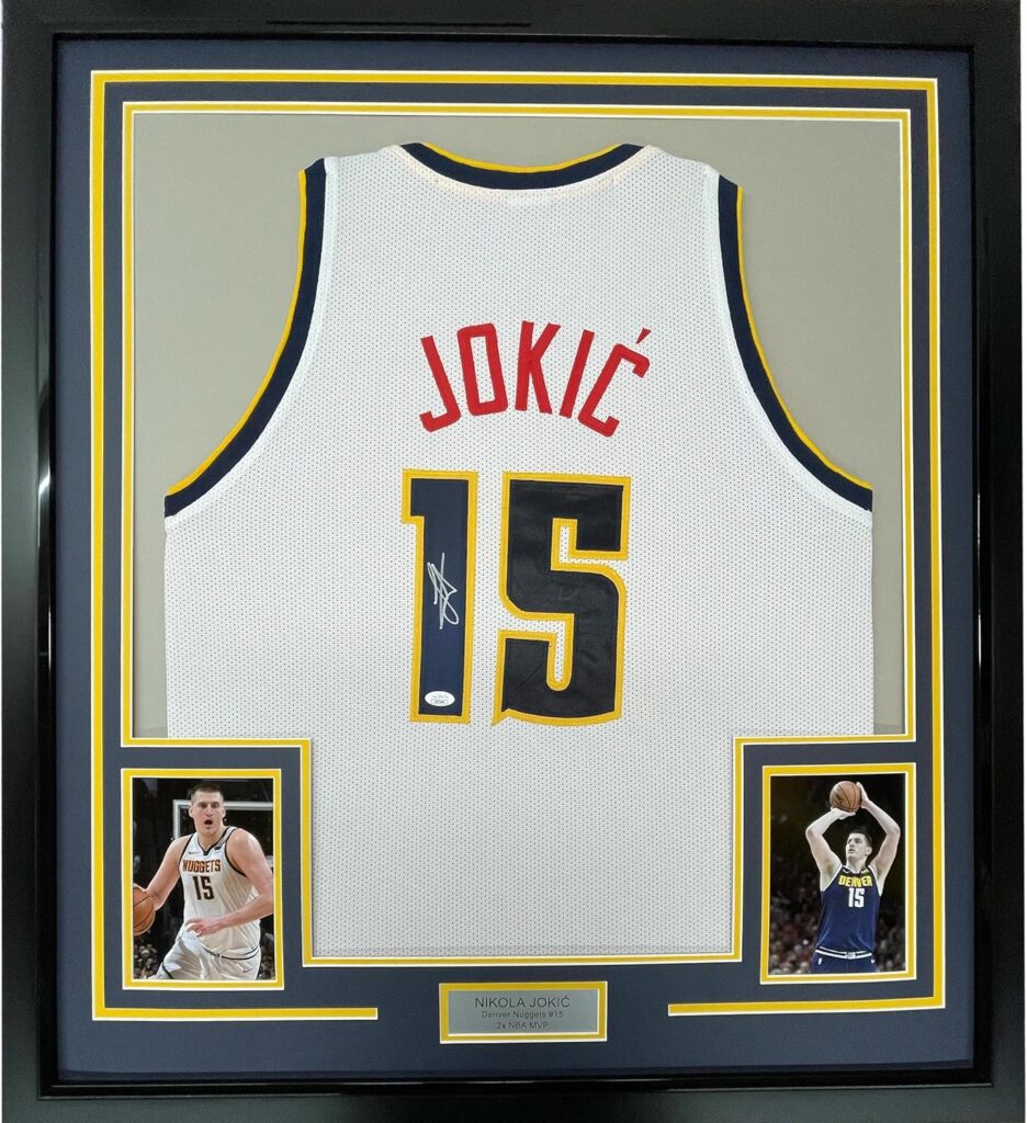 Framed Autographed/Signed Nikola Jokic 33×42 Denver White Basketball Jersey JSA COA