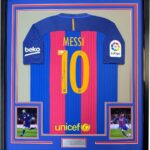 Framed Autographed/Signed Lionel Leo Messi 35×39 FC Barcelona Soccer Jersey Beckett BAS COA #4