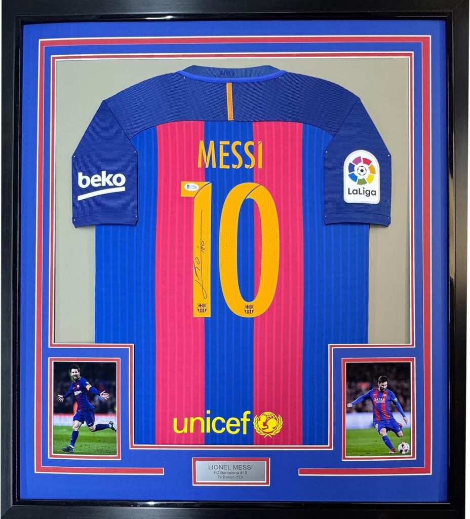 Framed Autographed/Signed Lionel Leo Messi 35×39 FC Barcelona Soccer Jersey Beckett BAS COA #4