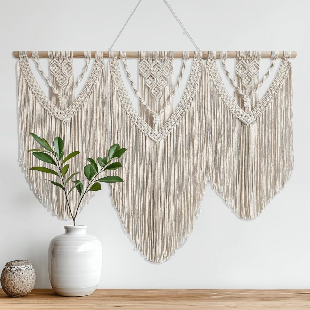oiikain Large Handmade Boho Macrame Wall Hanging Tapestry – Chic Bohemian Woven Home Decor art for Living Room, Bedroom, and Wedding Parties (Beige, twelve rhombus)