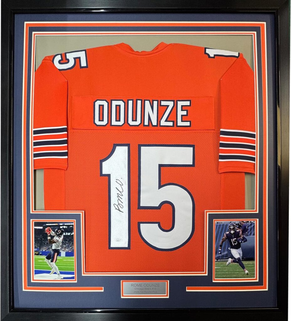 Framed Autographed/Signed Rome Odunze 35×39 Chicago Orange Football Jersey JSA COA