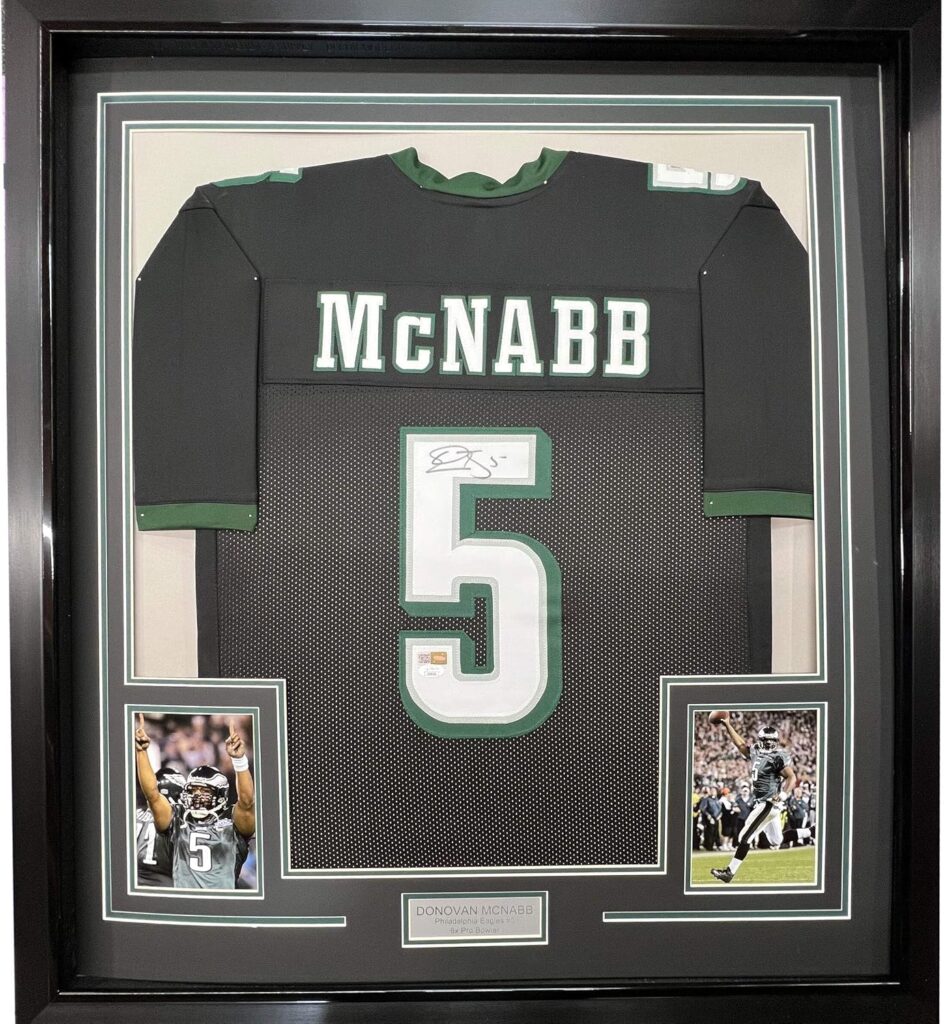 Framed Autographed/Signed Donovan McNabb 33×42 Philadelphia Black Football Jersey JSA COA