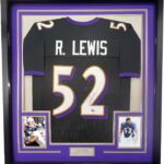 Framed Autographed/Signed Ray Lewis 33×42 Baltimore Black Football Jersey JSA COA