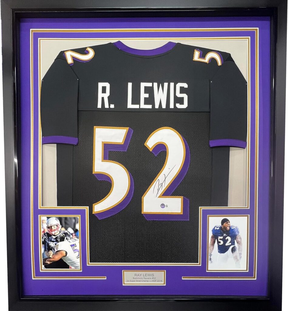 Framed Autographed/Signed Ray Lewis 33×42 Baltimore Black Football Jersey JSA COA