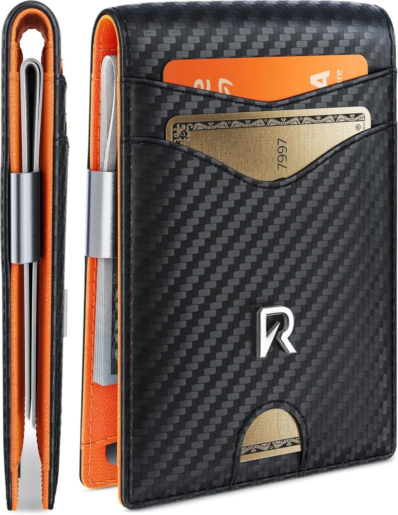 Slim Wallet for Men with Money Clip, Leather RFID Blocking Mens Wallet, Minimalist Credit Card Holder, Front Pocket Bifold – Gift Box Included (Money Clip, Carbon Orange)