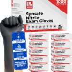 Synsafe 4 Mil -Black Nitrile Exam Gloves –Disposable Latex Free & Powder Free – Extra Strong, Rubber Gloves – First Aid Kit, Medical, EMT, Cleaning, Cooking | Bulk Case of (1000 ct)