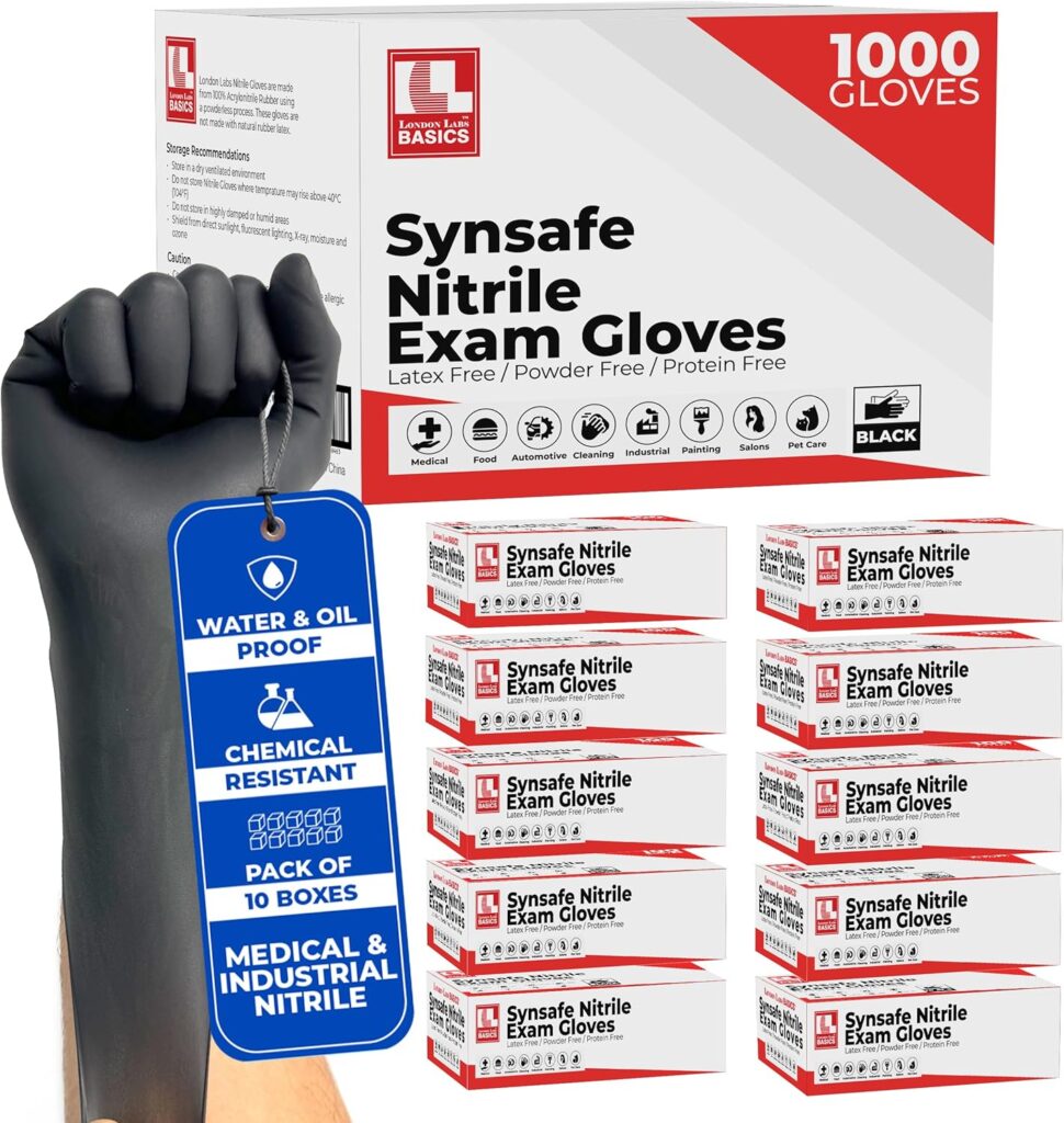 Synsafe 4 Mil -Black Nitrile Exam Gloves –Disposable Latex Free & Powder Free – Extra Strong, Rubber Gloves – First Aid Kit, Medical, EMT, Cleaning, Cooking | Bulk Case of (1000 ct)