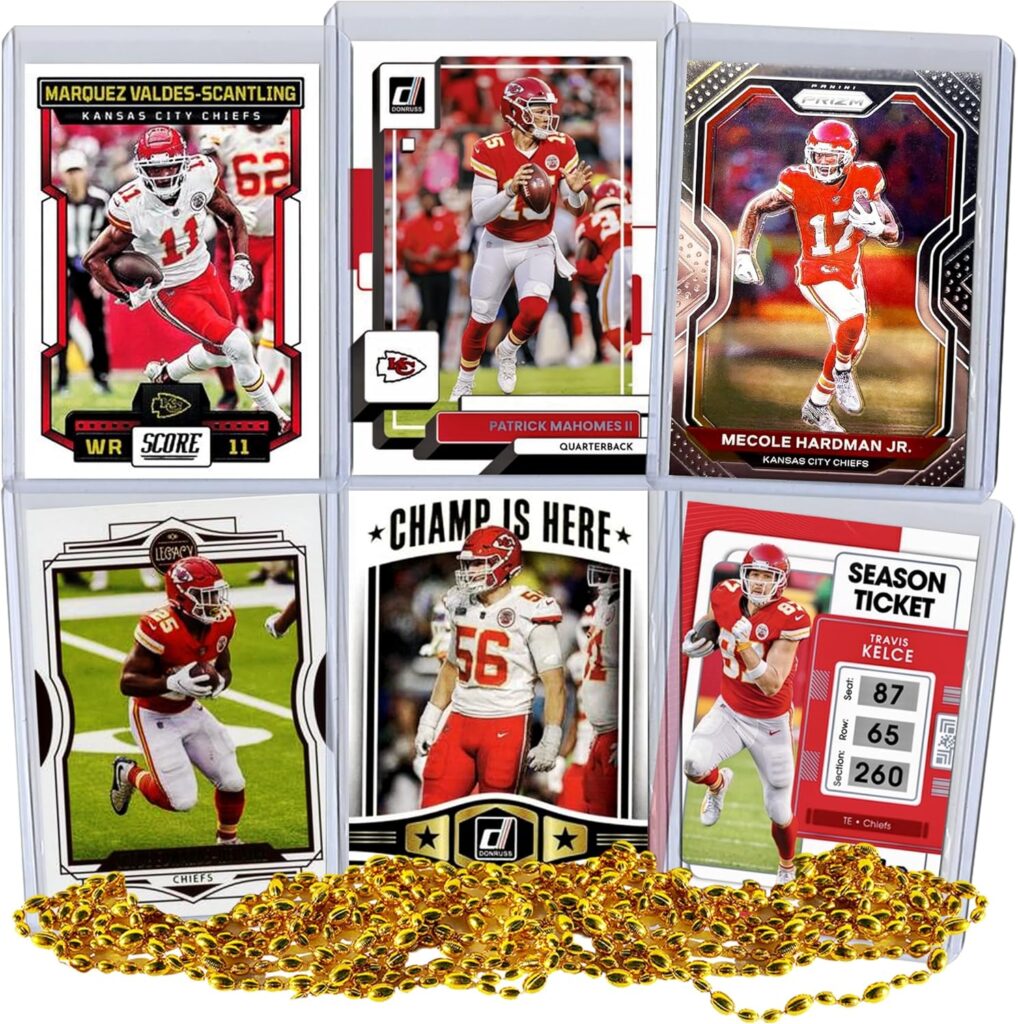 Kansas City Chiefs Super Bowl LVIII Football Card Bundle, Set of 6 Assorted Patrick Mahomes Travis Kelce George Karlaftis Marquez Valdes Scantling Football Cards Protected by Sleeve and Toploader