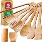 Riveira Bamboo Wooden Spoons for Cooking 9-Piece with Holder, Apartment Essentials Wood Spatula Spoon Nonstick Kitchen Utensil Set Premium Quality Housewarming Gifts for Everyday Use