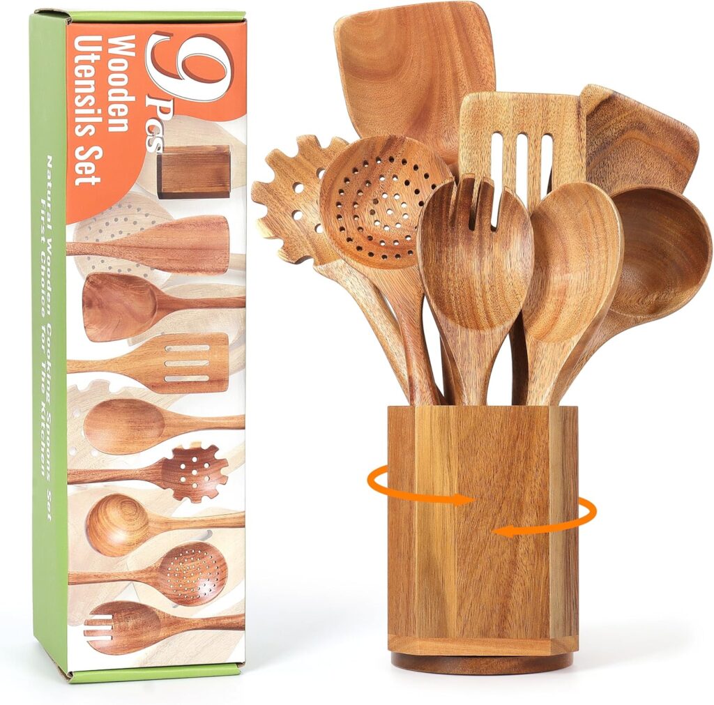 Utensil Cooking Spoon Set with Holder : KINGSOW 9 Pcs Wooden Spoons for Kitchen Nonstick Cookware