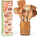 Utensil Cooking Spoon Set with Holder : KINGSOW 9 Pcs Wooden Spoons for Kitchen Nonstick Cookware