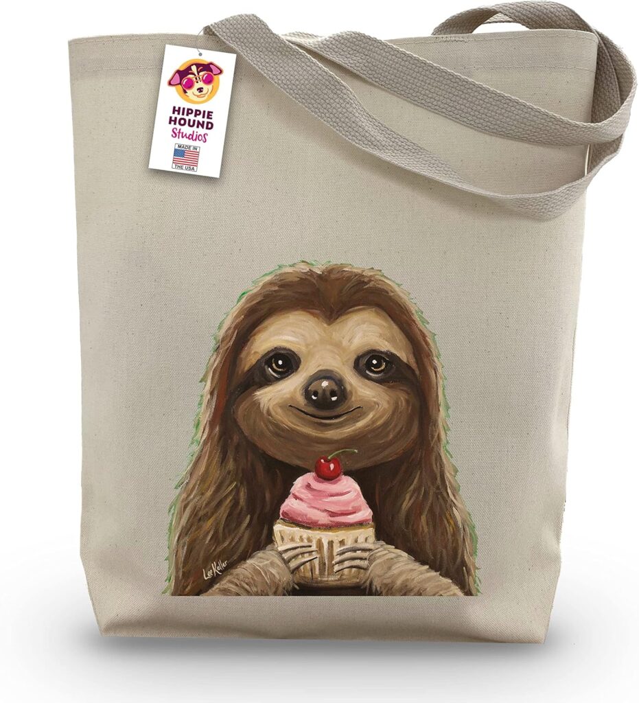 Sloth Tote Bag Hippie Hound Studios- Sloth Lover Gift – Sloth Gifts for Women – Handmade Totes – Sloth Canvas Totes – Cute Sloth Reusable Shopping Bag – Gift for Mom- Grocery Bag – Beach Bag