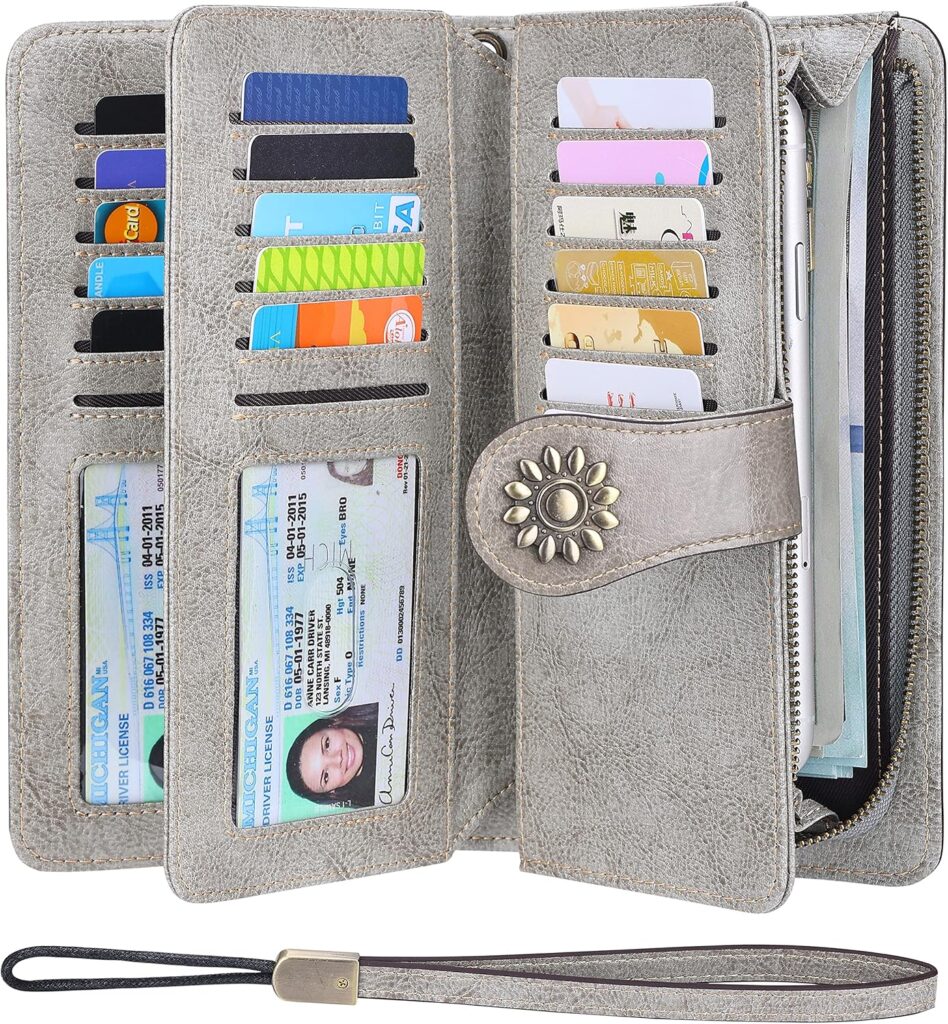 Lavemi Womens Large Capacity Genuine Leather RFID Blocking Wallets Wristlet Clutch Card Holder